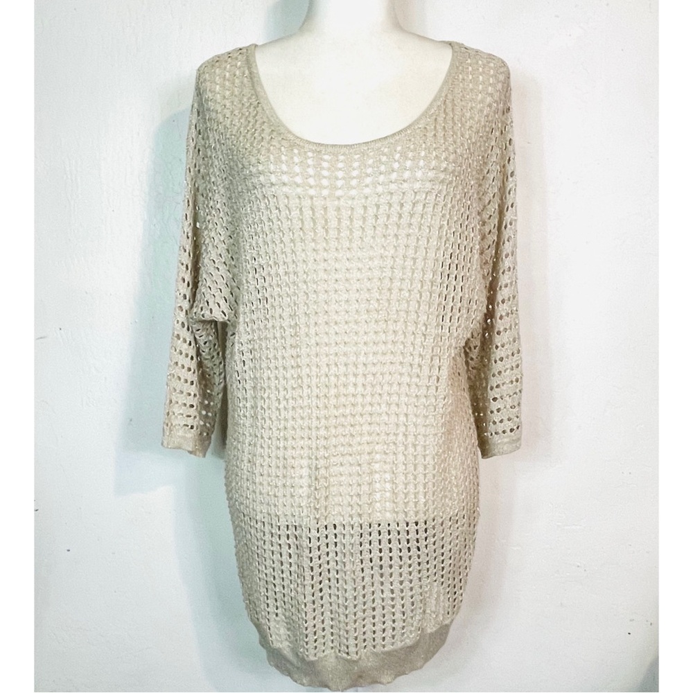 Express Size Large L See Through Knit Sweater Metallic Gold Dolman Sleeve Scoop